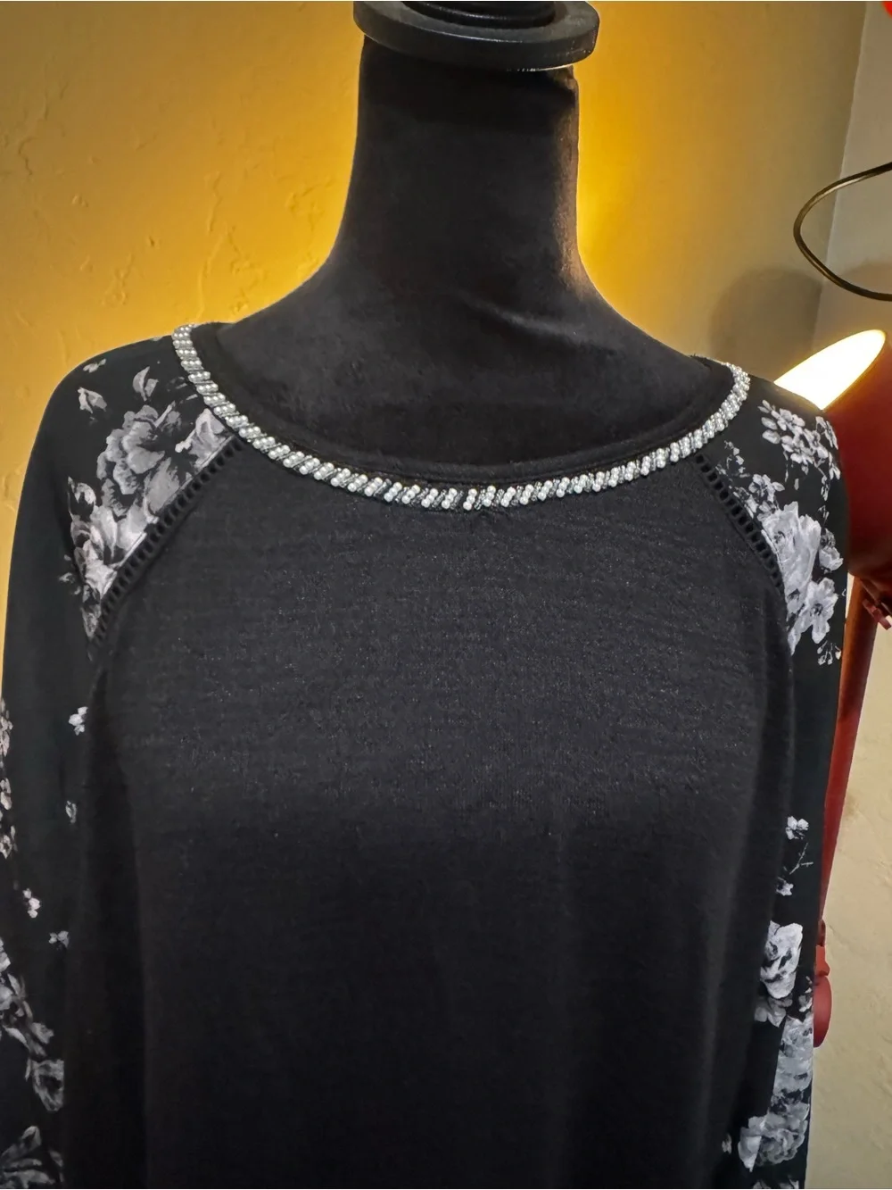 dressbarn Black Tunic with Floral Print Long Sleeves and Rhinestone Neckline